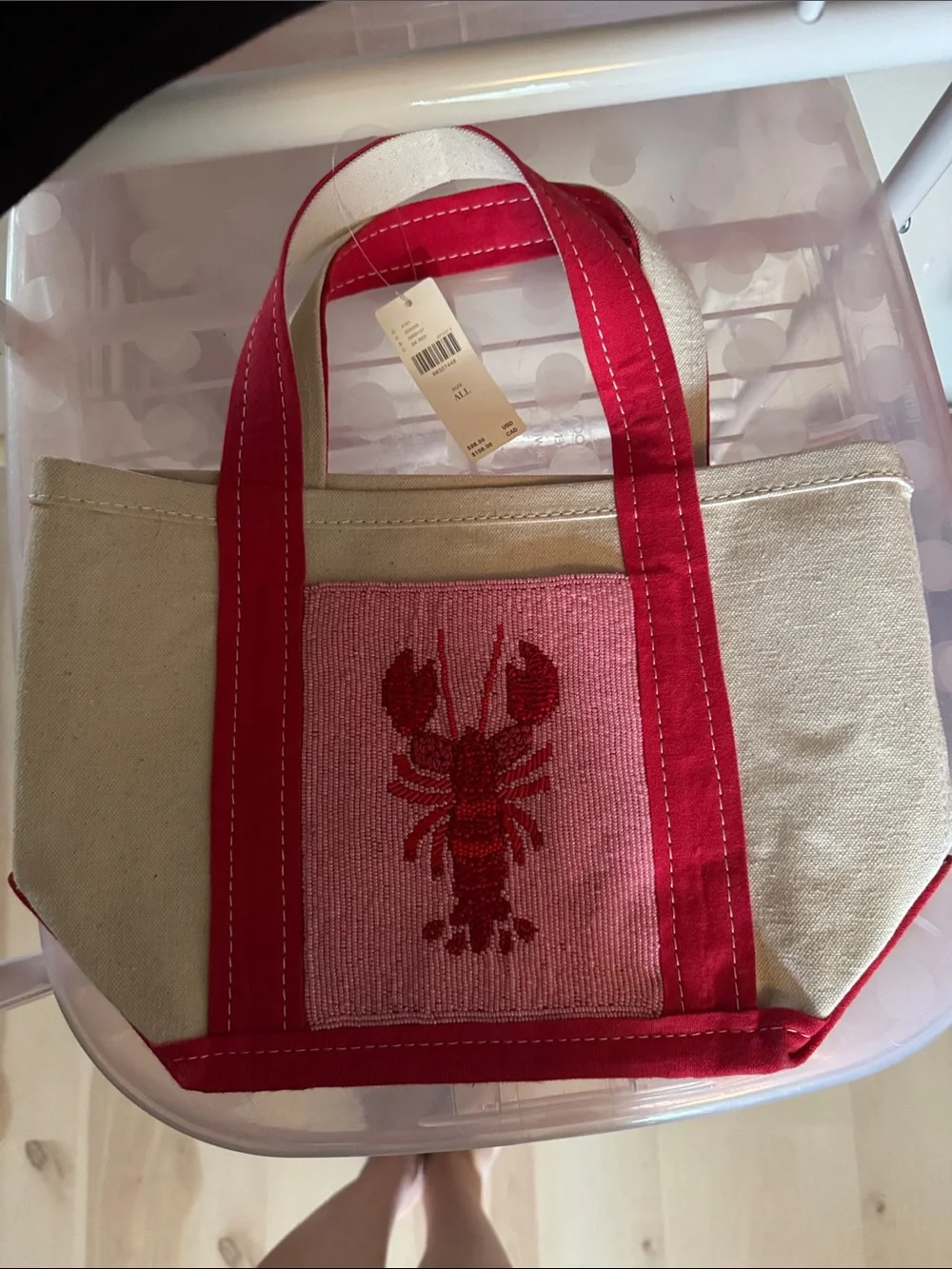 Anthropologie Pink & Red beaded Lobster Canvas Tote Bag